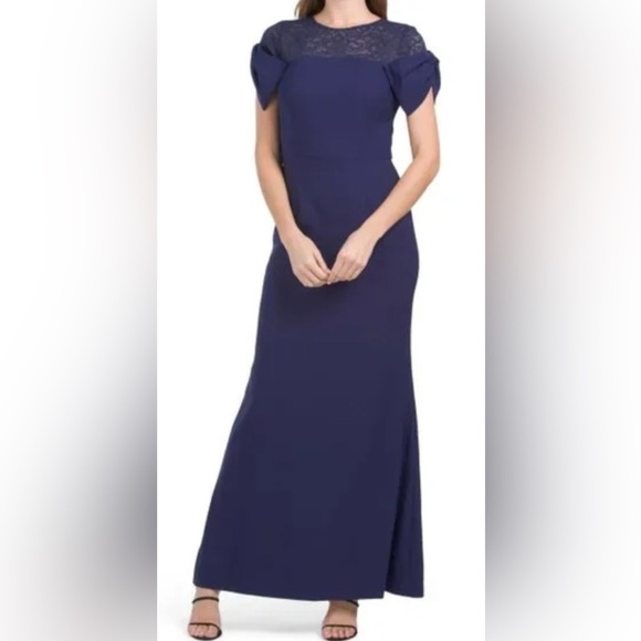 NWOT JS Collections Blue Bow Sleeve Mermaid Gown With Illusion Neck Size 18 - Picture 1 of 8